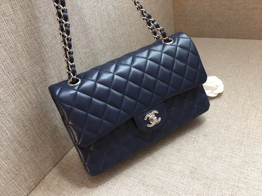 Medium Classic Flap Lambskin Bag AO1112 Dark Blue/Silver